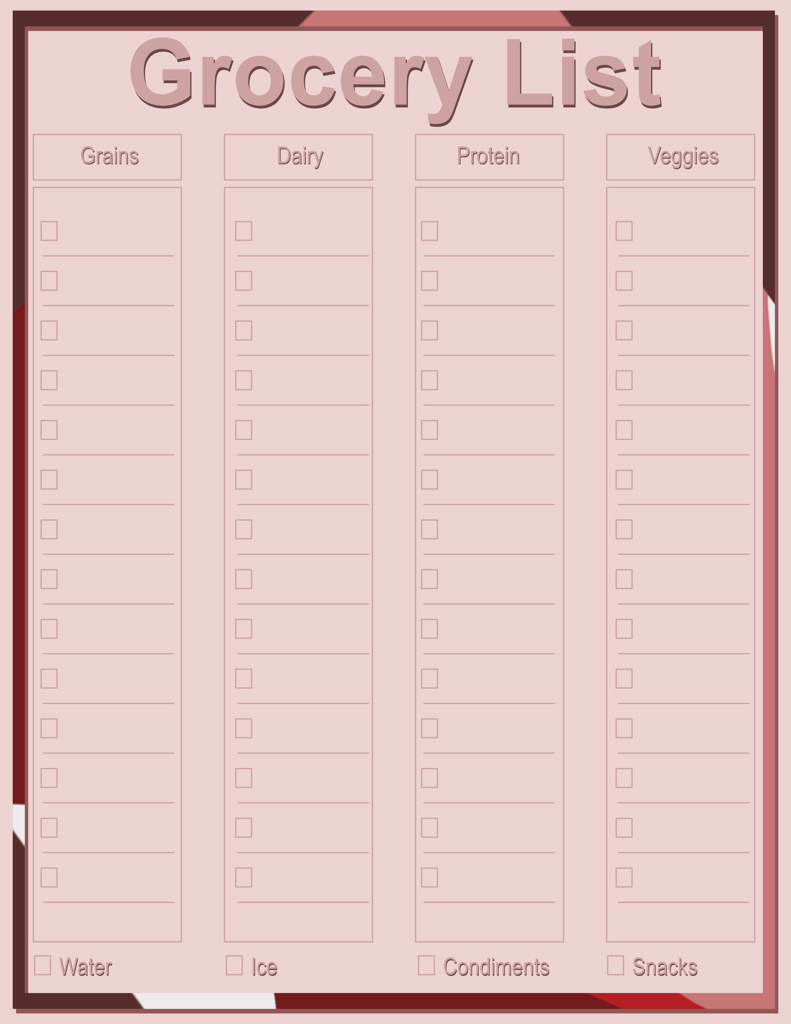 Thin Frame Grocery List — Abstract Reds — Large (8.5×11) — 40 pages — notepad