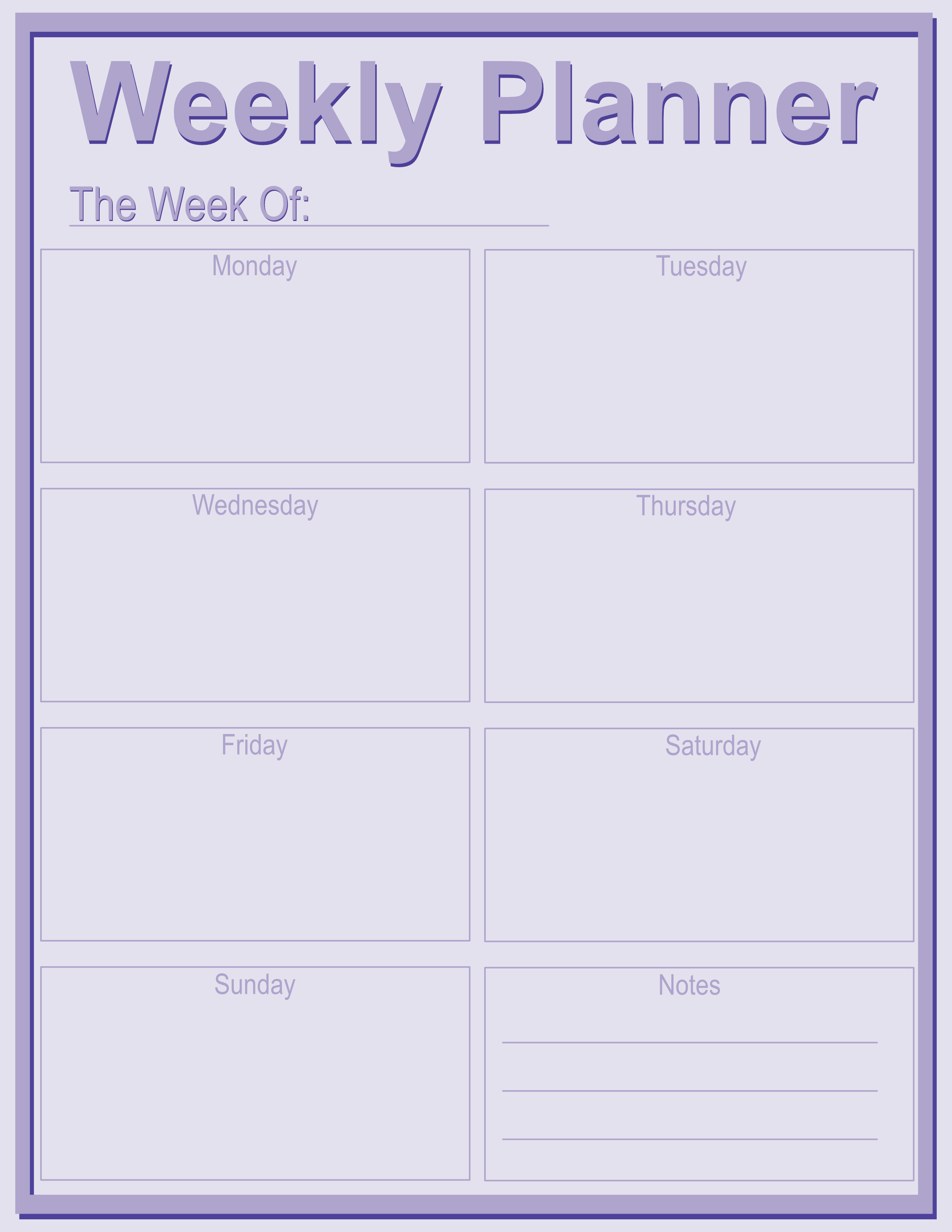 Thin Frame Weekly Planner — Soft Purple — Large (8.5×11) — 40 pages — notepad
