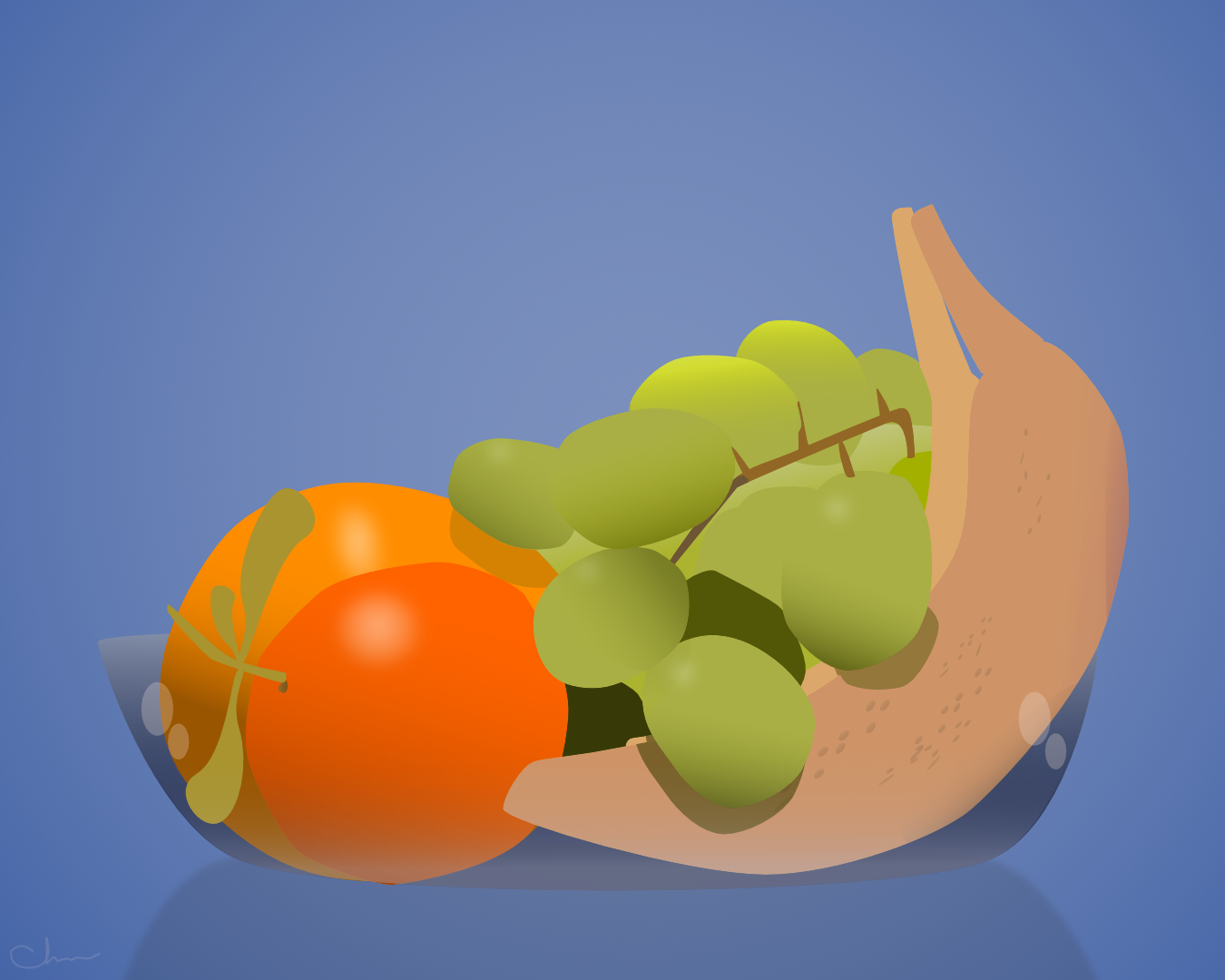 Grapes, Oranges, Bananas on Blue — still life