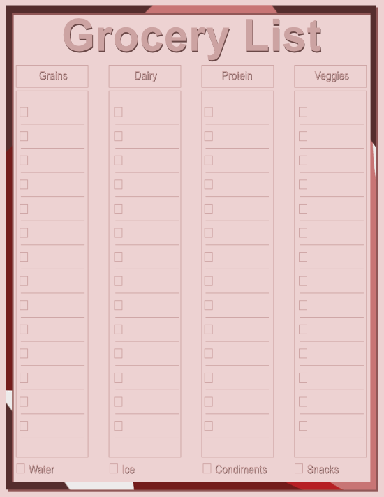 Thin Frame Grocery List — Abstract Reds — Large (8×11) — 50 pages
